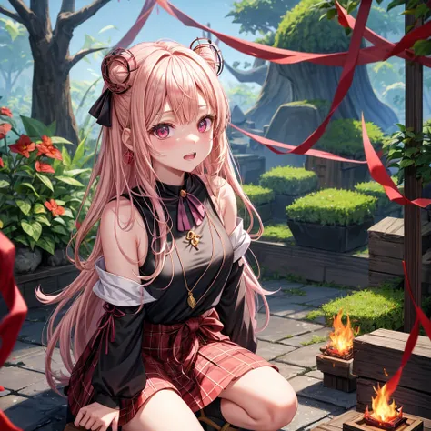 pink blonde、red eyes、one good looking girl、solo、anime、plaid mini skirt、black camisole、black t-shirt、dress、wearing a ribbon、ribbon at waist、cloak、hood、stone slabs are piled up、crystal earrings、jewelry necklace、Light and shadow、walking、clock、universe、vine pl...