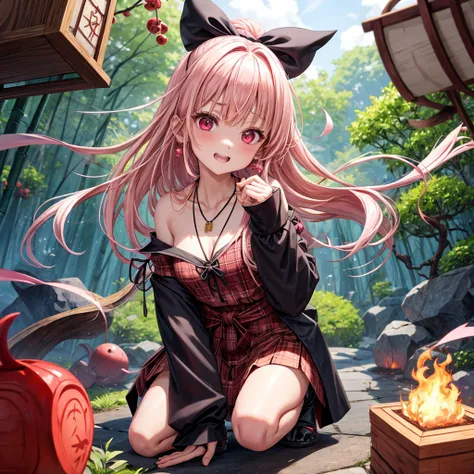 pink blonde、red eyes、one good looking girl、solo、anime、plaid mini skirt、black camisole、black t-shirt、dress、wearing a ribbon、ribbon at waist、cloak、hood、stone slabs are piled up、crystal earrings、jewelry necklace、Light and shadow、walking、clock、universe、vine pl...