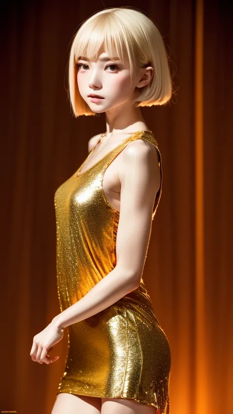 RAW shooting、Photoreal、Masseter muscle part、one girl、baby face、very cute、Slender and beautiful、((small breasts:1.2))、realistic eyes、eyes are realistic、Realistic and carefully drawn eyes、charming eyes、platinum blonde hair、short bob、choken sequin dress、Champ...