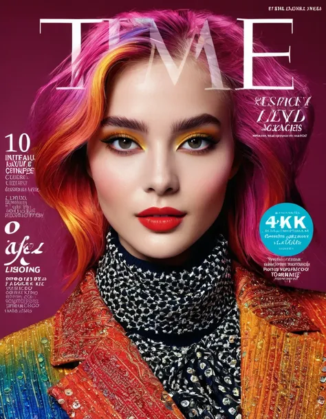 magazine cover, aesthetic, time magazine, (a girl with) vibrant colorful hair, striking pose, stylish clothes, confident smile, ...