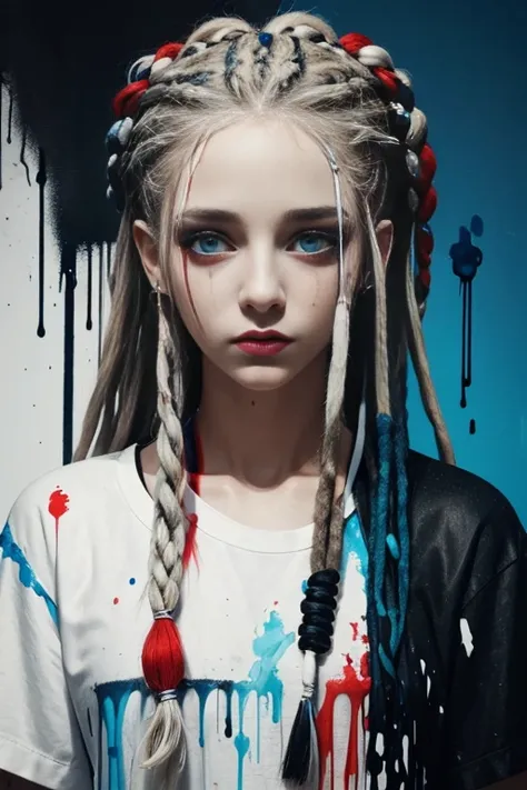 Young white female with dreadlocks, some with blue and red accents, intense gaze, and a neutral expression, against a monochrome background with paint drips