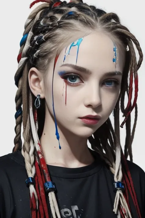 Young white female with dreadlocks, some with blue and red accents, intense gaze, and a neutral expression, against a monochrome background with paint drips