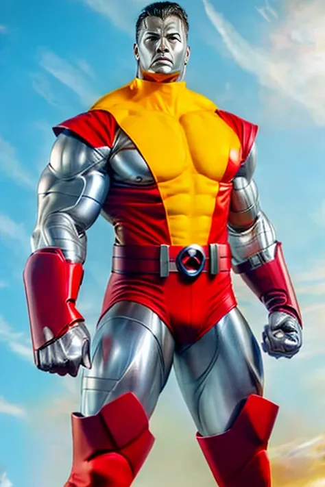 (masterpiece, best quality:1.2), ((1 girl realistic, solo)), (realistic colossus (x-men)), (((face colosus steel metal skin))), ((head metal steel)), (((no face texture human))), body steel skin, ((uniform colossus red and yellow)), red breeches, (red boot...