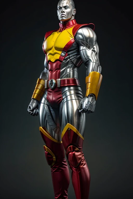 (masterpiece, best quality:1.2), ((1 girl realistic, solo)), (realistic colossus (x-men)), (((face colosus steel metal skin))), ((head metal steel)), (((no face texture human))), body steel skin, ((uniform colossus red and yellow)), red breeches, (red boot...