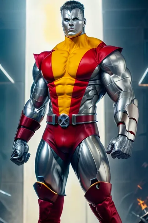 (masterpiece, best quality:1.2), (1man realistic, solo), (realistic colossus (x-men)), (((face colosus steel metal skin))), ((head metal steel)), (((no face texture human skin))), body steel skin, ((uniform colossus red and yellow)), red breeches, (red boo...