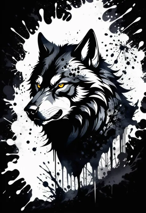 (((dark fantasy ink splatter art:1.3))), men warewolf, chaotic black strokes ink splatters, intricate details, shadow of creatur...