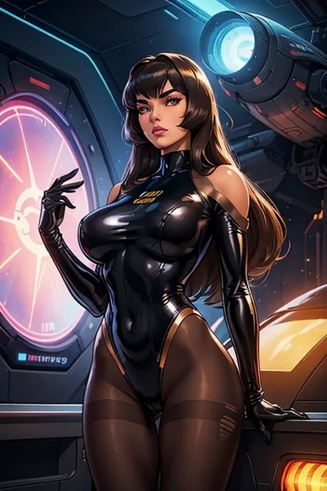 Best quality, 8K, woman retro super hero futurism, beautiful and detailed face, black straight long hair, bangs,big eyelashes,LOOKING TO observer,TRANSPARENT LATEX leotard, metalic details, LIGHT BROWN TAN pantyhose, sheer TAN gloves,sci-fi RETRO SPACESHIP...