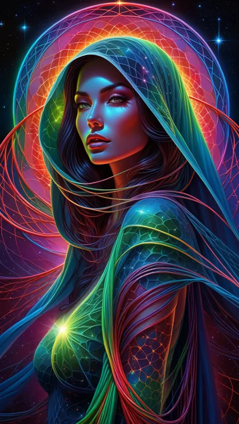 cartoon, masterpiece, best quality, ultra high res, extremely detailed, (psychedelic art:1.4), woman, veil, visually stunning, beautiful, award-winning illustration, cosmic space background, ethereal atmosphere, ultra quality, beautiful girl, cosmical conc...