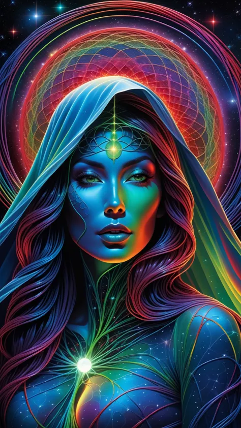 cartoon, masterpiece, best quality, ultra high res, extremely detailed, (psychedelic art:1.4), woman, veil, visually stunning, b...