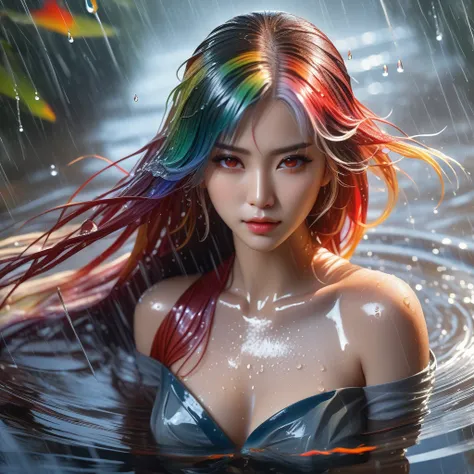 (Highest picture quality), (Masters work), full body, (ultra-detailed), the portrait is centered, 1girl, raiden shogun, nsfw, (wet clothes), blush, bare hips, (sheer shirt), (from above:1.7), (translucent dress), water drop, (rain), (outdoors), stained, we...