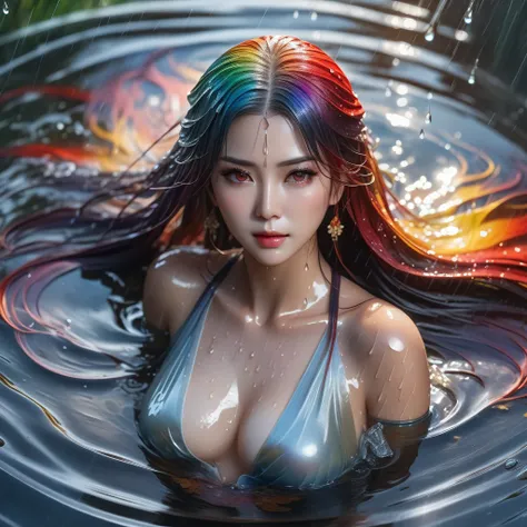 (Highest picture quality), (Masters work), full body, (ultra-detailed), the portrait is centered, 1girl, raiden shogun, nsfw, (wet clothes), blush, bare hips, (sheer shirt), (from above:1.7), (translucent dress), water drop, (rain), (outdoors), stained, we...