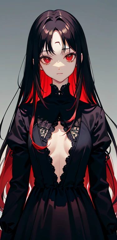 (8K、highest quality、masterpiece:1.2)、anime coloring、super resolution、Realistic、(1girl)  、(black hair to red hair gradient hair,long straight hair:1.5)、(contrapposto),(red eye,glowing eyes:1.3),(volumey,forehead:1.5),(portlate:1.3、face focus,upper body:1.5)...