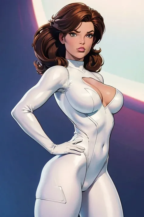 Best quality, 8K, vivid color, woman retro futurism, static pose, looking to observer, brown hair, long eyelashes, ALL WHITE shiny leotard, cleavage, metalic details, light WHITE pantyhose, neutral sci-fi scenario