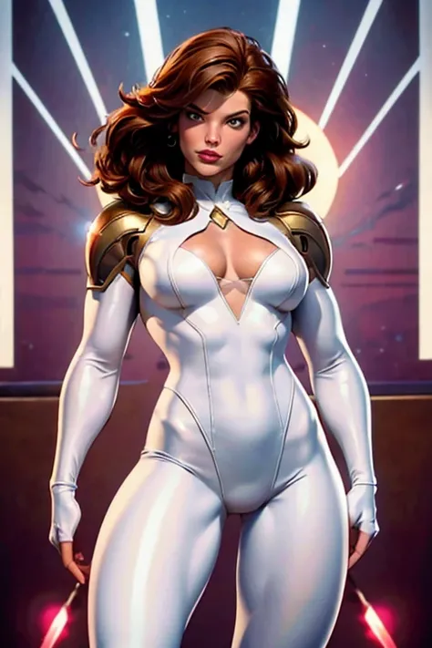 Best quality, 8K, vivid color, woman retro futurism, static pose, looking to observer, brown hair, long eyelashes, ALL WHITE shiny leotard, cleavage, metalic details, light WHITE pantyhose, neutral sci-fi scenario