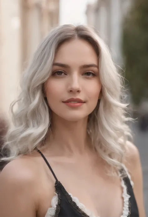 Il y a une femme aux cheveux blancs et en tenue de ville qui pose, souriant, Tout le corps, allure sportive femme de 28 ans, girl with silver wavy hair, girl with white wavy hair, posant,  with medium length white wavy hair, In the light of&#39;a building,...