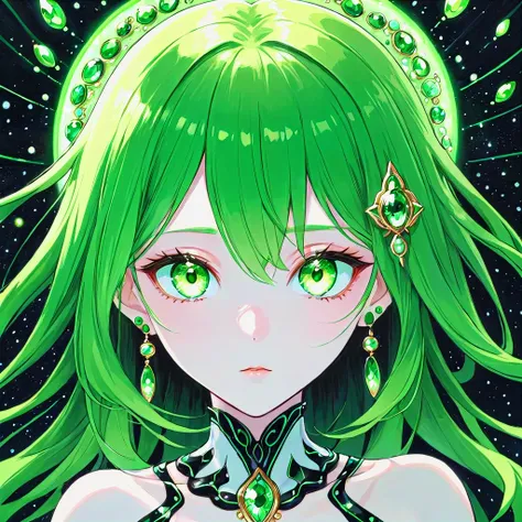 green alien with glowing green eyes and jewels and black markings in Miho Hirano art style
