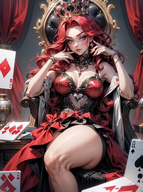 Em um luxuoso cassino, A stunning woman wears an exquisite dress adorned with heart symbols, embodying the royal presence of the Queen of Hearts. Surrounded by a backdrop of poker cards and chips, She exudes confidence and seduction, convidando os jogadore...