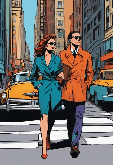 
a pop art comic book depicting a couple in love walking through downtown New York