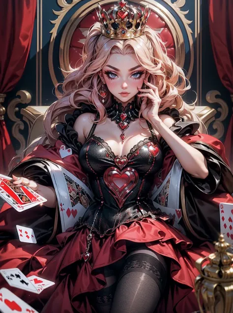 Em um luxuoso cassino, A stunning woman wears an exquisite dress adorned with heart symbols, embodying the royal presence of the Queen of Hearts. Surrounded by a backdrop of poker cards and chips, She exudes confidence and seduction, convidando os jogadore...