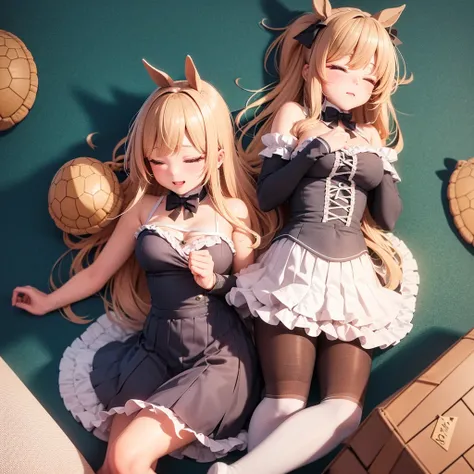 Dressed as a bunny girl(Are sleeping)high school girl(one person)and turtle(one horse)、High quality 3D illustration