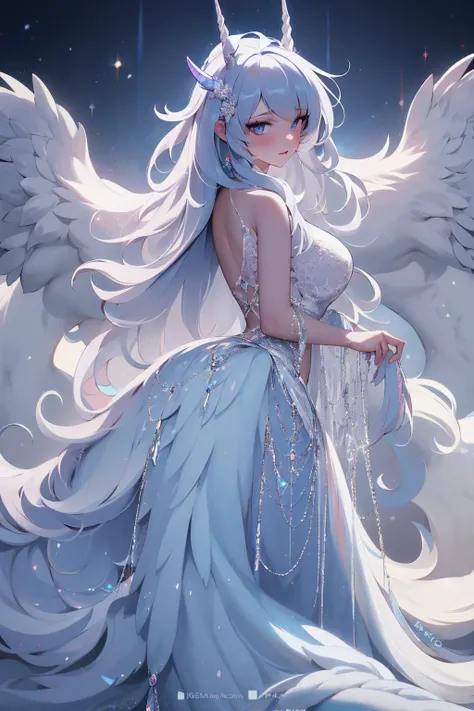 {-erro_de_anatomia:1.0} There is a white unicorn girl, blue mane and long mane, white unicorn, unicorn, unicorn horns, A unicorn, celestia, Nine stories, blue unicorn, soft dreamy, cinematic light《fangs》Unicorn in, mythological creatures, a mythical creatu...