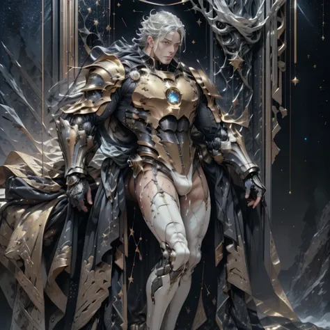 MALE BOY. Use plate armor, intricate design and details, dramatic ligths, Ultra-realistic realism, Kinematic，8k. A handsome muscular young man, (1 man) perfectly proportioned slim body, with luminous golden hair and golden eyes resembling stars, standing a...