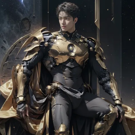 MALE BOY. Use plate armor, intricate design and details, dramatic ligths, Ultra-realistic realism, Kinematic，8k. A handsome muscular young man, (1 man) perfectly proportioned slim body, with luminous golden hair and golden eyes resembling stars, standing a...