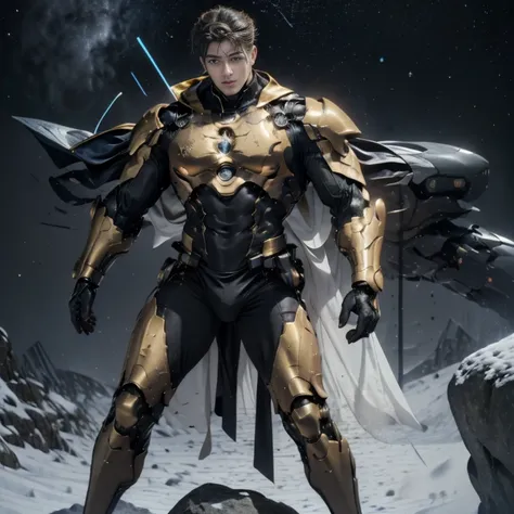 MALE BOY.  dramatic ligths, Ultra-realistic realism, Kinematic，8k. A handsome muscular young man, (1 man) perfectly proportioned slim body, with luminous golden hair and golden eyes resembling stars, standing at a height of 2 meters. He wears an armor made...