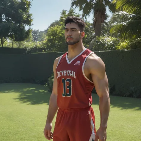 A man stands on the grass, Muscular!!, a Muscular, 8k 50mm ISO 10, 🚿🗝📝, Okan            , wearing volleyball jersey, k hd, advertisement picture, professional sports style, Wearing NBA jersey, Muscular!, , Muscular!!!188cm!Single Eyelids！, with short brown...