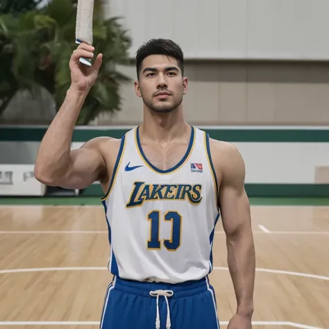 A man stands on the grass, Muscular!!, a Muscular, 8k 50mm ISO 10, 🚿🗝📝, Okan            , wearing volleyball jersey, k hd, advertisement picture, professional sports style, Wearing NBA jersey, Muscular!, , Muscular!!!188cm!Single Eyelids！,with short brown ...