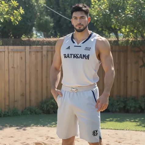 A man stands on the grass, 8k 50mm ISO 10, 🚿🗝📝, Okan            , wearing volleyball jersey, k hd, advertisement picture, professional sports style, Wearing NBA jersey,  88cm!Single Eyelids！,with short brown hair ！and a short beard, Only shorts！(Show hairy...