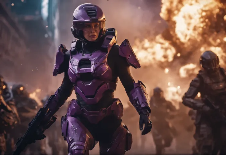 photorealistic, detailed flying debris,a bulk female warrior in halo spartan armor fighting strongly an army of aliens, perfect fit body, purple aura fire around her, body dynamic epic action pose, bladerunner city street ruined background, trending on art...