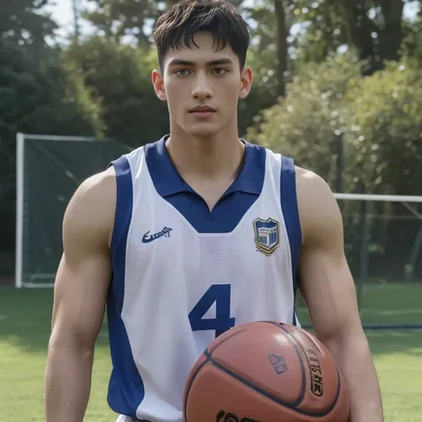 A man stands on the grass, Muscular!!, a Muscular, 8k 50mm ISO 10, 🚿🗝📝, Okan            , wearing volleyball jersey, k hd, advertisement picture, professional sports style, Wearing NBA jersey, Muscular!, , Muscular!!!188cm!Single Eyelids！（（35yo ！）） with sh...