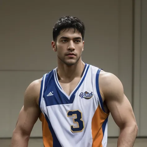 A man stands on the grass, Muscular!!, a Muscular, 8k 50mm ISO 10, 🚿🗝📝, Okan            , wearing volleyball jersey, k hd, advertisement picture, professional sports style, Wearing NBA jersey, Muscular!, , Muscular!!!188cm!Single Eyelids！（（35yo ！）） with sh...