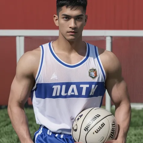 A man stands on the grass, Muscular!!, a Muscular, 8k 50mm ISO 10, 🚿🗝📝, Okan            , wearing volleyball jersey, k hd, advertisement picture, professional sports style, Wearing NBA jersey, Muscular!, , Muscular!!!188cm!Single Eyelids！（（35yo ！）） with sh...