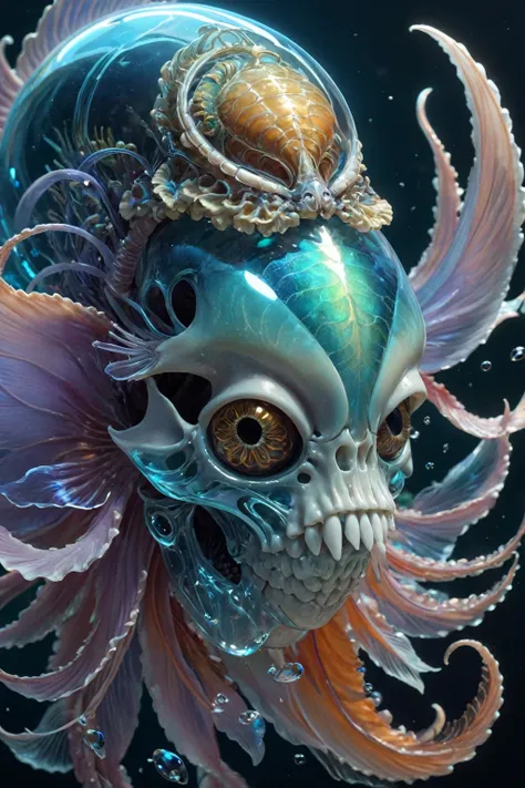 close-up portrait ribcagel. Alien skull , nautilus, hortensia, betta fish, bioluminiscent creatures, intricate artwork . octane render, trending on artstation,t symmetrical artwork. cinematic, hyper realism, high detail, octane render, 32k, vibrant colors,...