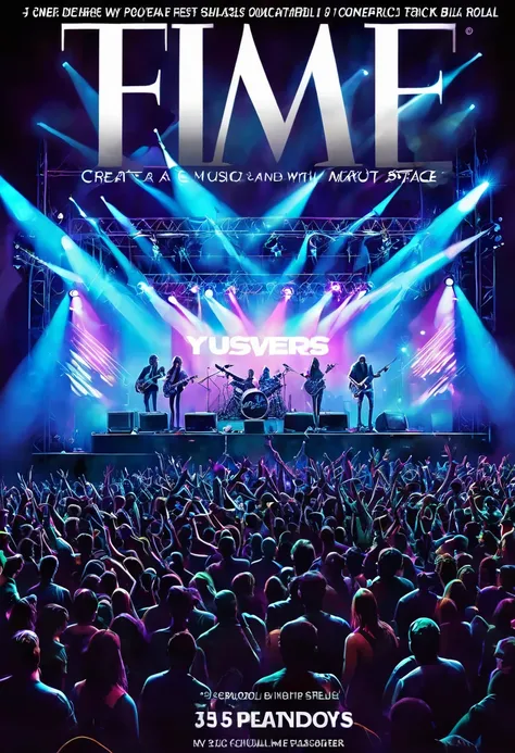 ((create a music and concert magazine cover:1.5, lots of people lights stage with a band playing, epic:1.4)), ((flashy and colorful cover:1.5)), ((Imaginative scene)), (( title on cover, (Rock Concert:1.3))),((highly detailed: 1.4), ((Masterpiece)), (Hyper...