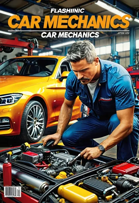 ((create a magazine cover with title and text about car mechanics:1.5)), epic:1.4, ((flashy and colorful cover:1.5)), ((Imaginative scene)), ((title on cover, (mechanics automotive:1.5))),((highly detailed: 1.4), ((Masterpiece)), (Hyper-detailed and beauti...