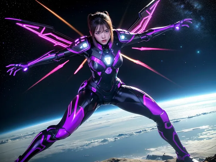 (RAW photo, highest quality), (realistic, Photoreal:1.3), 1 girl、realisticbody、Eggplant pattern battle suit costume、Pyramid-shaped UFO flying from space、avoid missiles、Football Tackle,action pose