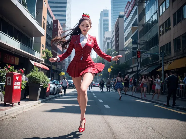 (Raw photo, highest quality), (realistic, Photoreal:1.3), 1 girl、realisticbody、strawberry pattern lady suit、suit skirt、high heels、An attack that fires heart-shaped rays from the eyes.、Running Stance