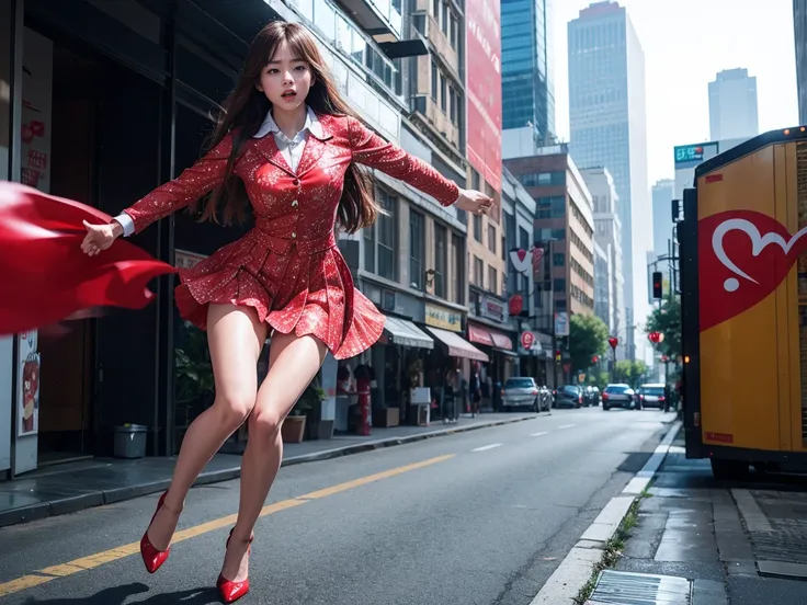 (Raw photo, highest quality), (realistic, Photoreal:1.3), 1 girl、realisticbody、strawberry pattern lady suit、suit skirt、high heels、An attack that fires heart-shaped rays from the eyes.、Running Stance