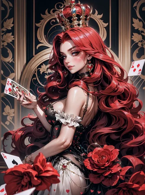 Em um luxuoso cassino, A stunning woman wears an exquisite dress adorned with heart symbols, embodying the royal presence of the Queen of Hearts. Surrounded by a backdrop of poker cards and chips, She exudes confidence and seduction, convidando os jogadore...