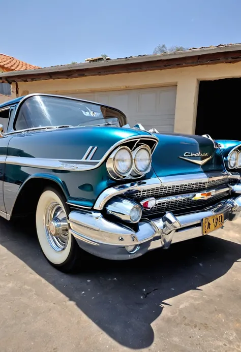 Retrato de um carro "1959 Chevrolet Bel Air" COR PRETO METALICO reflexivo, GOLDEN WIDE STAR WHEEL is on fire, The front wheels are small and the rear wheels are very large, dianteira rebaixada na frente, dentro de uma garagem com paredes brancas, diagonal ...