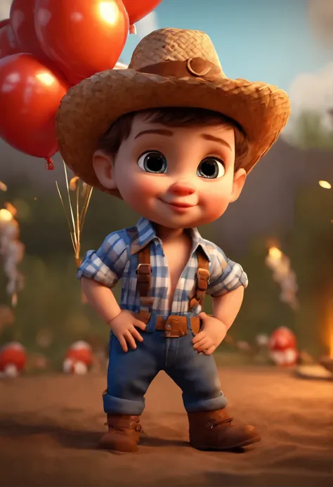 baby boy with dark eyes with light skin, small nose and big cheeks with straight brown mohawk hair, wearing straw hat, long blue and white checkered shirt, patchwork jeans, with brown leather boots at party with bonfire, balloon, flag 3d Pixar style poste