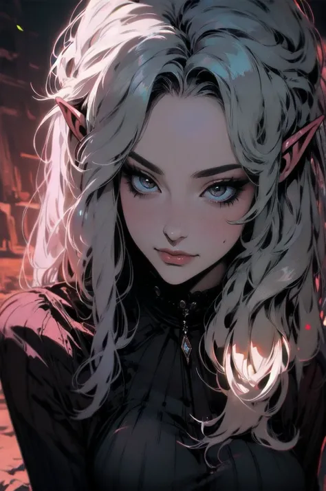 { - anatomy error}(Masterpiece - Ultra-detailed, very high resolution)moonlight, hyper-realistic of a mysterious woman with flowing black hair, ears of elf, piercing opal eyes, and a delicatelace crown, delicate smile, upper body, 