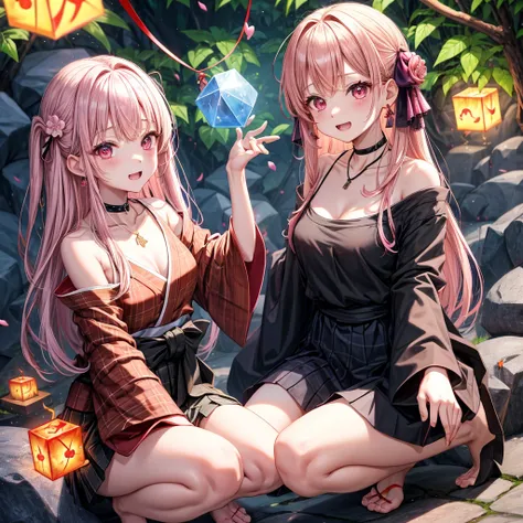 pink black blonde、red eyes、one good looking girl、solo、anime、plaid mini skirt、black camisole、black t-shirt、kimono、wearing a ribbon、ribbon at waist、stone slabs are piled up、crystal earrings、jewelry necklace、Light and shadow、walking、clock、universe、vine plant、...