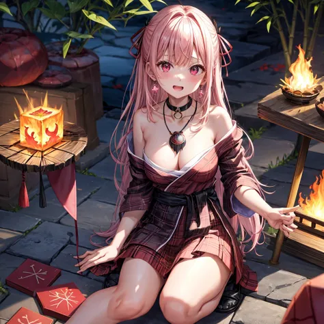 pink black blonde、red eyes、one good looking girl、solo、anime、plaid mini skirt、black camisole、black t-shirt、kimono、wearing a ribbon、ribbon at waist、stone slabs are piled up、crystal earrings、jewelry necklace、Light and shadow、walking、clock、universe、vine plant、...