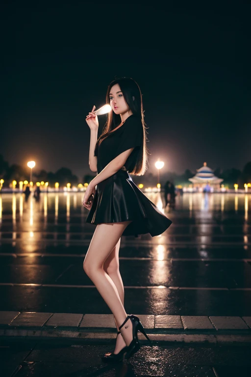 A beautiful woman with short skirt and long hair stands under the Temple of Heaven，wear black，fan in hand，wear high heel shoes，It just rained at night，The ground is wet。blur background，Canon 5D4 shooting，Feeling