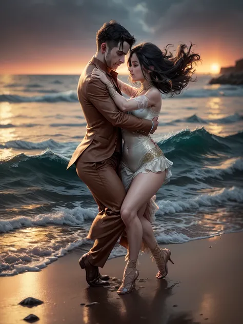 ((People dancing tango on the sea surface:1.5)), dusk:1.4, clouds illuminated by fireworks:1.4, a beautiful view of the coast with buildings:1.4 and fireworks in the background:1.4, ((Idyllic imaginative scene and magic:1.3)),( (perfect, Meticulously detai...