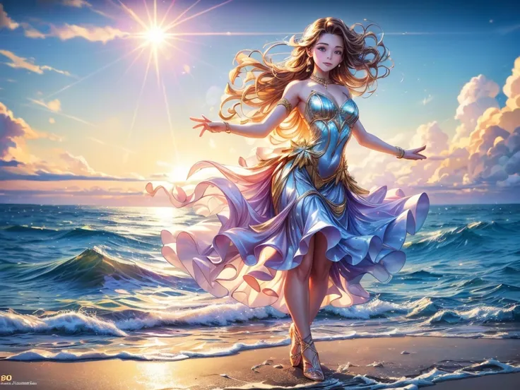 "(best quality,4k,8k,highres,masterpiece:1.2),ultra-detailed,(realistic,photorealistic,photo-realistic:1.37),vivid colors,studio lighting,portraits,Girls dancing with joy on the calm and sparkling sea surface, Gentleman joining the graceful dance, playful ...